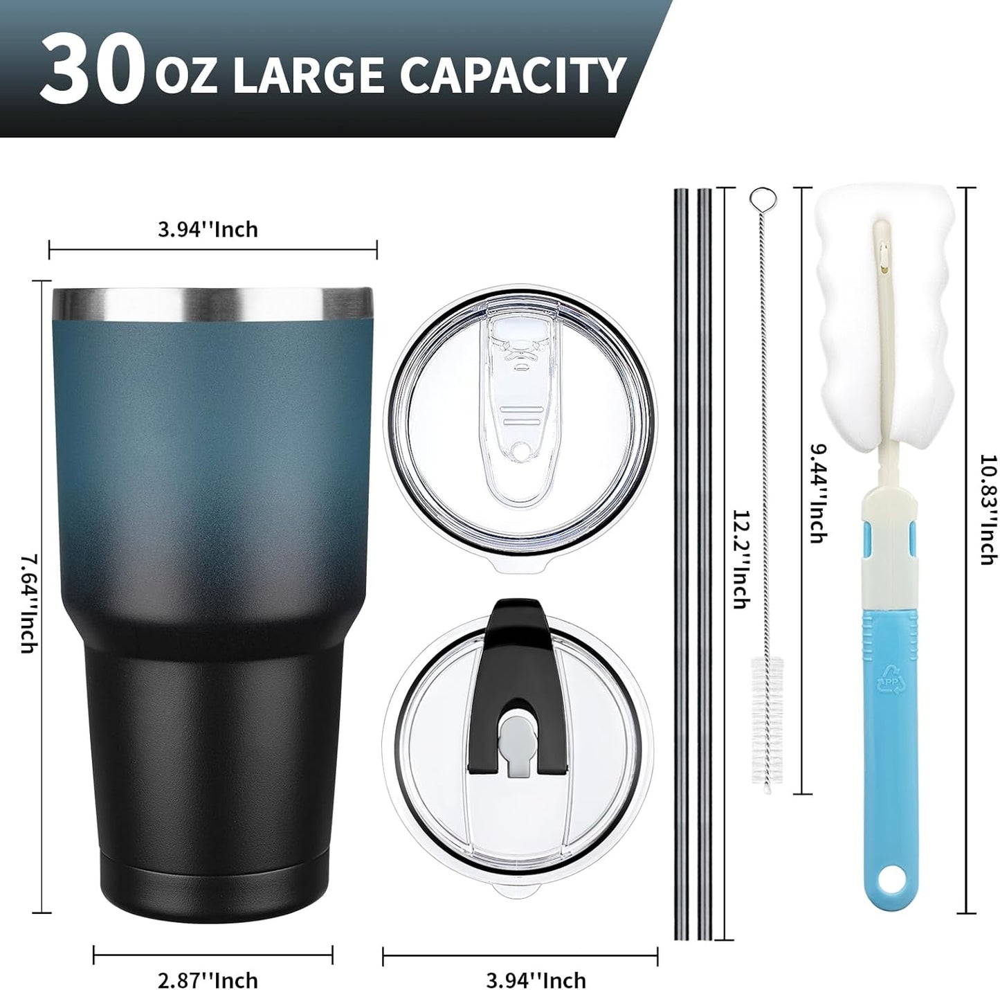 30 oz Tumbler with Lids and Straws, Stainless Steel Insulated Coffee Tumbler, Double Wall Vacuum Insulated Travel Mug Cup, Leakproof Thermal Coffee Cup for Hot and Cold Drinks (Blue Black)