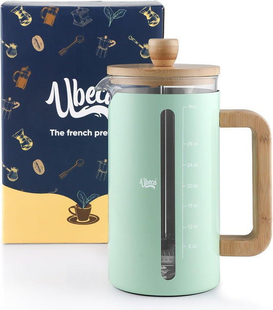 French Press Coffee Maker - 34 oz large Coffee Press with Bamboo Wood Handle, mint green, Heat Resistant Thick Borosilicate Glass carafe, 2 Layer Filter, Stainless Steel Long-lasting easy to use