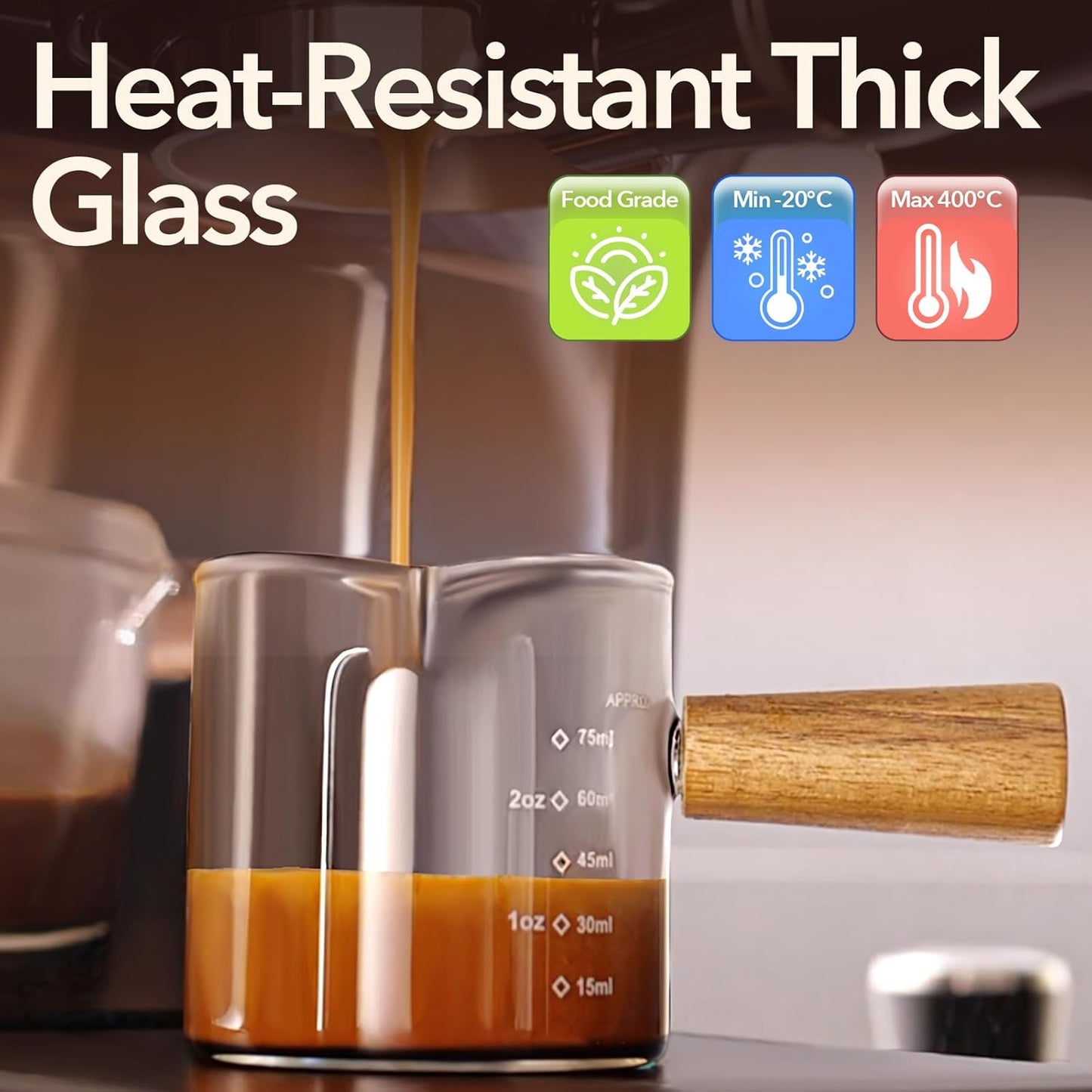 YARRAMATE 3.4oz Espresso Cups with Wood Handle, Clear Glass Espresso Accessories, Double Spout Measuring Cup with Dual Scale, Espresso Shot Glass with V-Shaped Spout