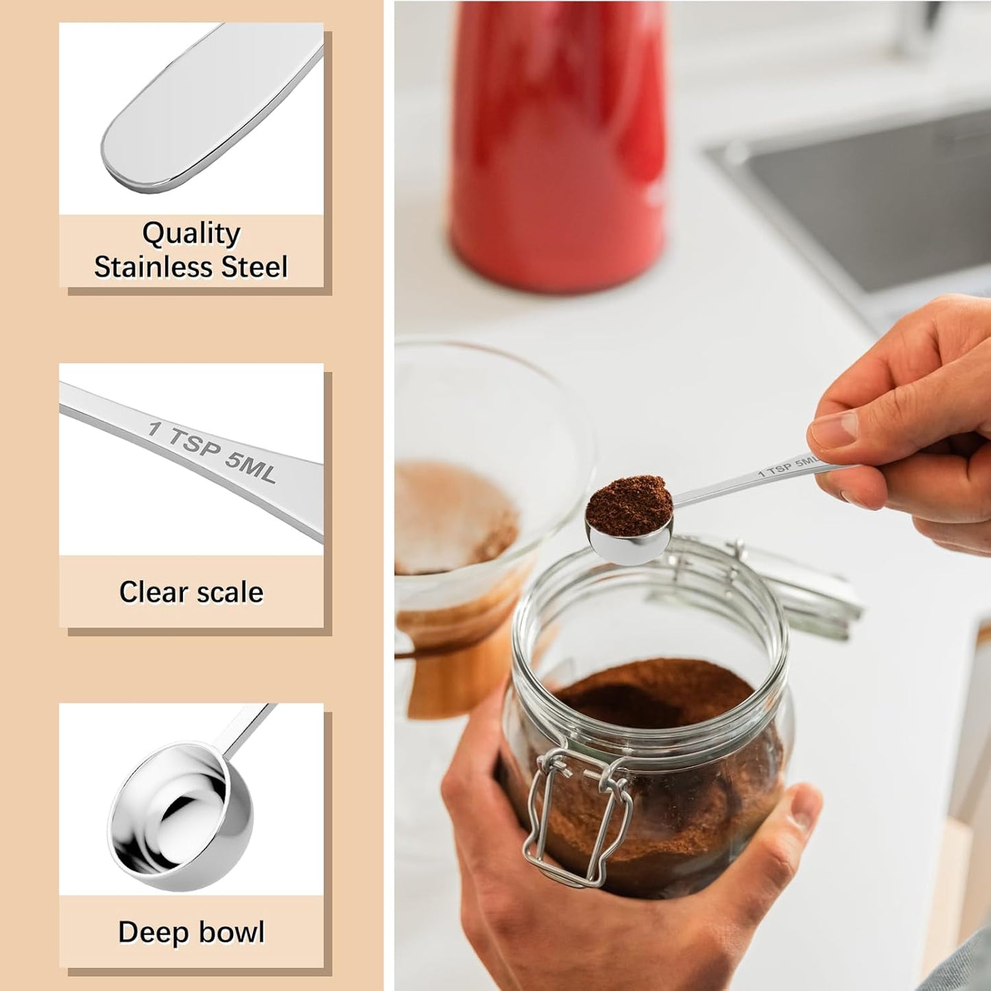 1PCS 1tsp(1/3tbsp, 5 ml) Single Measuring Spoon, Stainless Steel Individual Teaspoon, Metal Measure Scoop with Gift Box