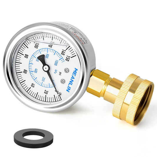 MEANLIN MEASURE 0~150Psi Stainless Steel Frame 3/4" Female 2.5" FACE DIAL Liquid Filled Pressure Gauge WOG Water Oil Air Water Pressure Test Table with Sealing Ring (with 2PCS Snaps)