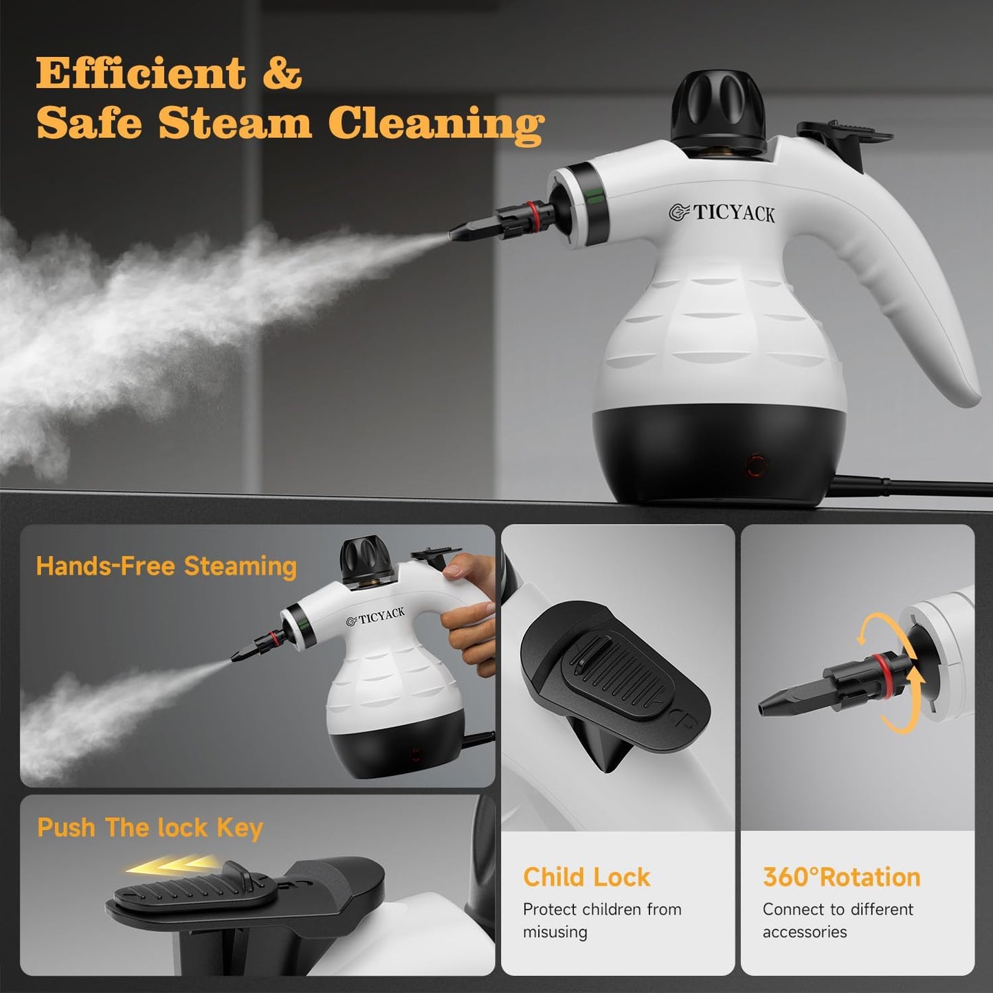 Steam Cleaner, Handheld Steam Cleaner, Steam Cleaner for Home with 16 Accessories and Automatic Steam Switch, Steamer for Cleaning Home, Living Room, Kitchen, Bathroom, Car (White)