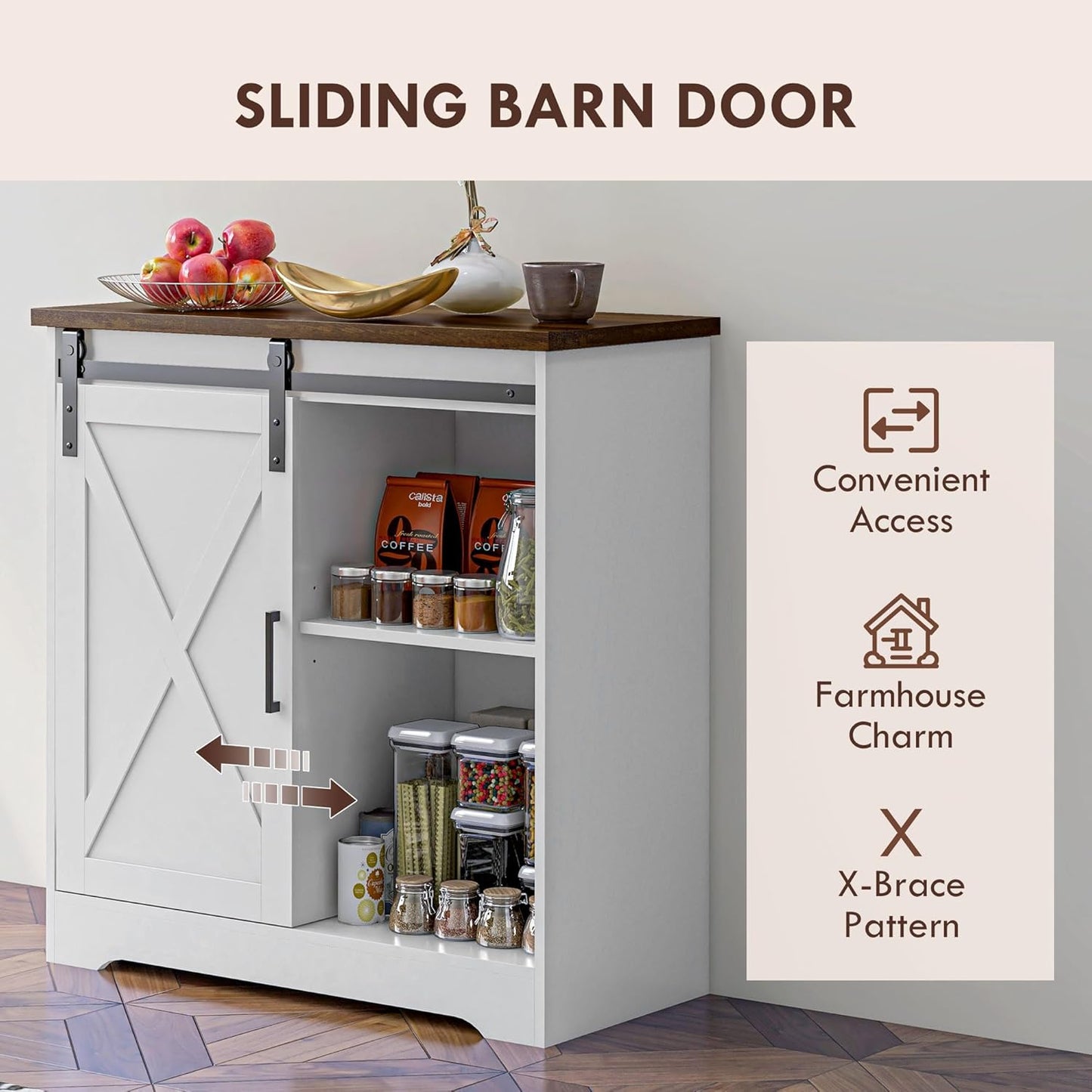 HOMCOM Farmhouse Coffee Bar Cabinet, 33" Buffet Sideboard with Sliding Barn Door and Adjustable Shelf, Kitchen Buffet Cabinet, White