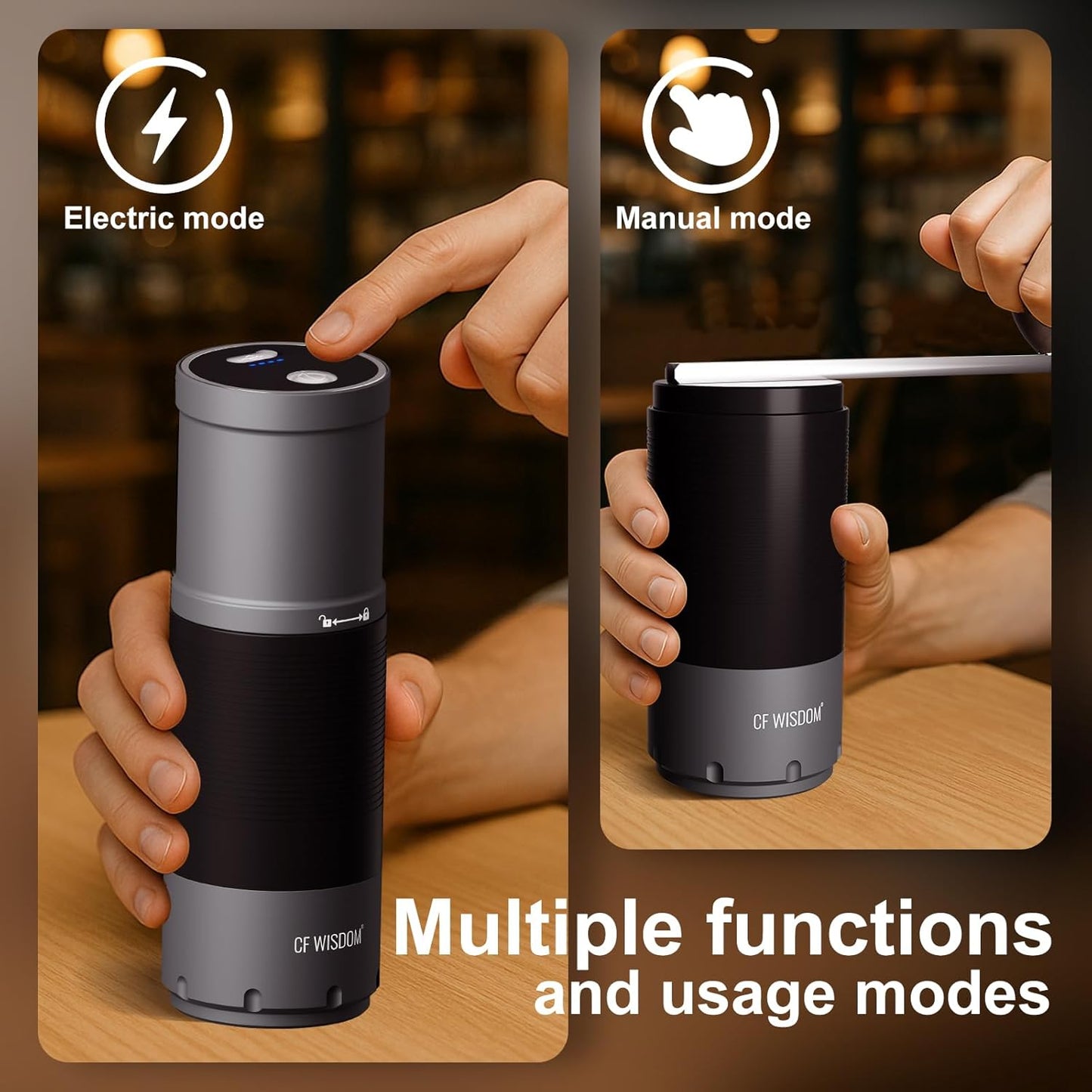 Portable Electric Coffee Grinder, Conical Burr Coffee Grinder – Dual Mode Manual & Electric Grinder Manual with Adjustable Grind Settings, Hand Bean Grinder for RV, Hiking, Office