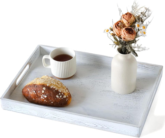 S310 Rustic White Wood Serving Tray with Handles, 17 Inch Wooden Tray for Ottoman, Breakfast, Lunch, Dinner, Decorative Rectangular Tray for Living Room, Kitchen Counter, Outdoor