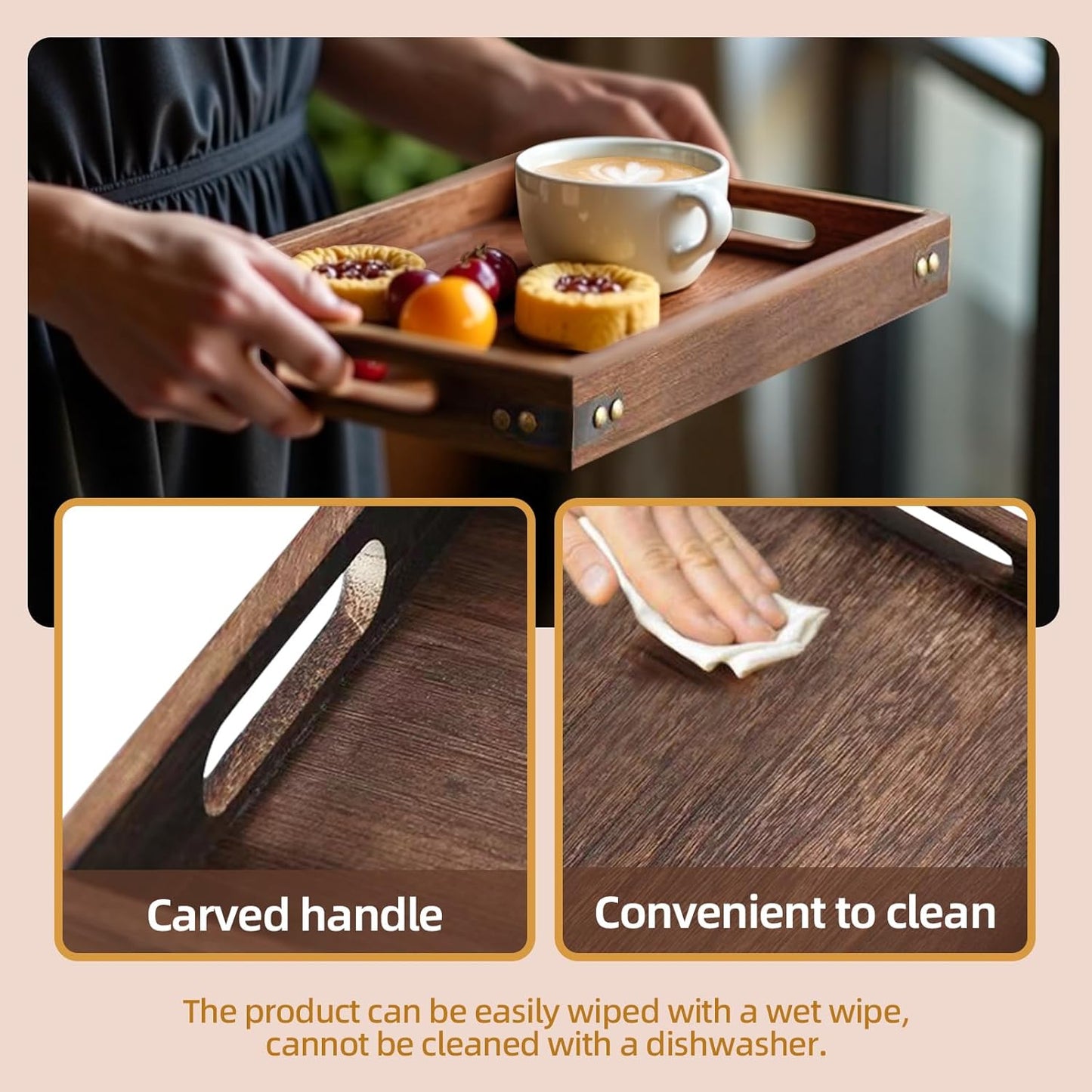 18.1 Inch Rustic Wood Serving Tray with Handles, Breakfast Tray Wooden Trays Decorative Serving Platter for Eating, Working, Storing, Used in Bedroom, Kitchen, Living Room, Bathroom and Outdoors