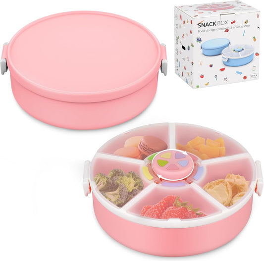 Kids' Rotating Snack Container Set – 2-Pack, Includes 1 Rotating Snack Container & 1 Round Sectioned Snack Box, BPA-Free, Dishwasher Safe, Perfect for Travel-Pink