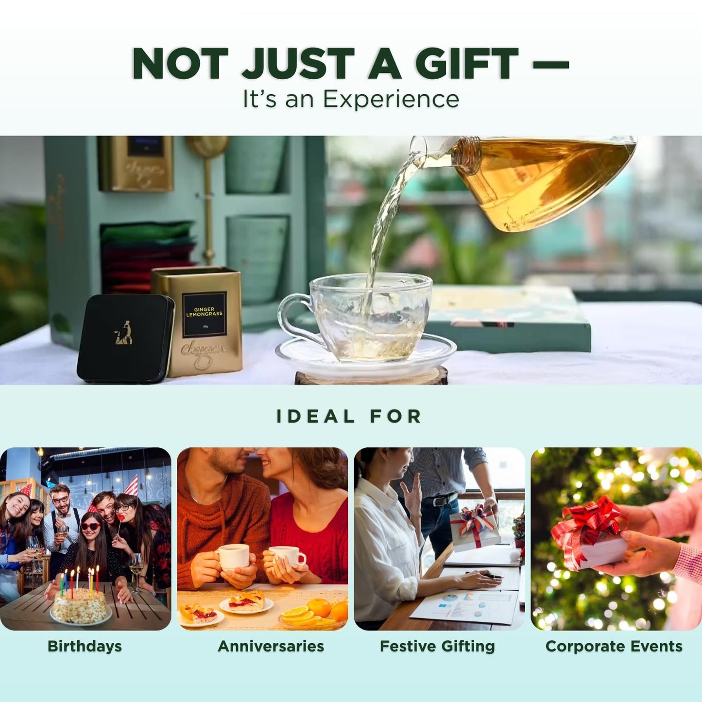 CHAYAM Tea Lover's Luxury Gift Basket with Cups & Infuser | 10 Assorted Tea Bags, Ginger Lemongrass Herbal Loose Leaf 50g/1.76oz, 2 Mugs & Lead-Free Premium Brass Infuser | Self-Care Gifts for Mom and Her