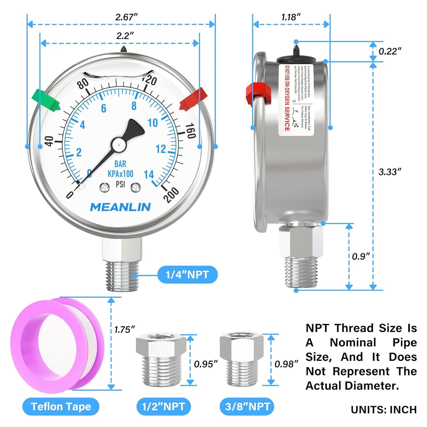 MEANLIN MEASURE 0~200Psi Stainless Steel Liquid Filled Pressure Gauge 2.5" FACE DIAL 1/4" NPT for Air Compressor Air Regulator Water Filter Lower Mount with Stainless Steel Hex Bushing and Snaps