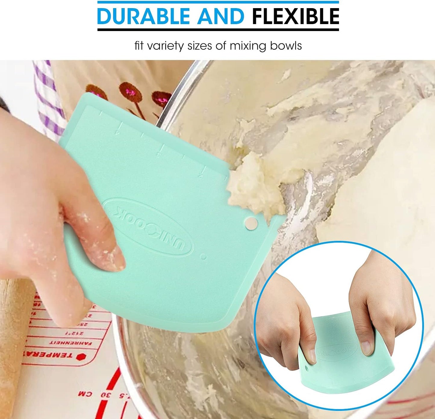 Unicook Dough Scraper, Flexible Bowl Scraper, Nonslip Bench Cutter with Measurement, Pastry Chopper, Multipurpose Kitchen Tool for Dough, Pastry, Pizza, Bread, Baking, Cake and More, 2 Pack