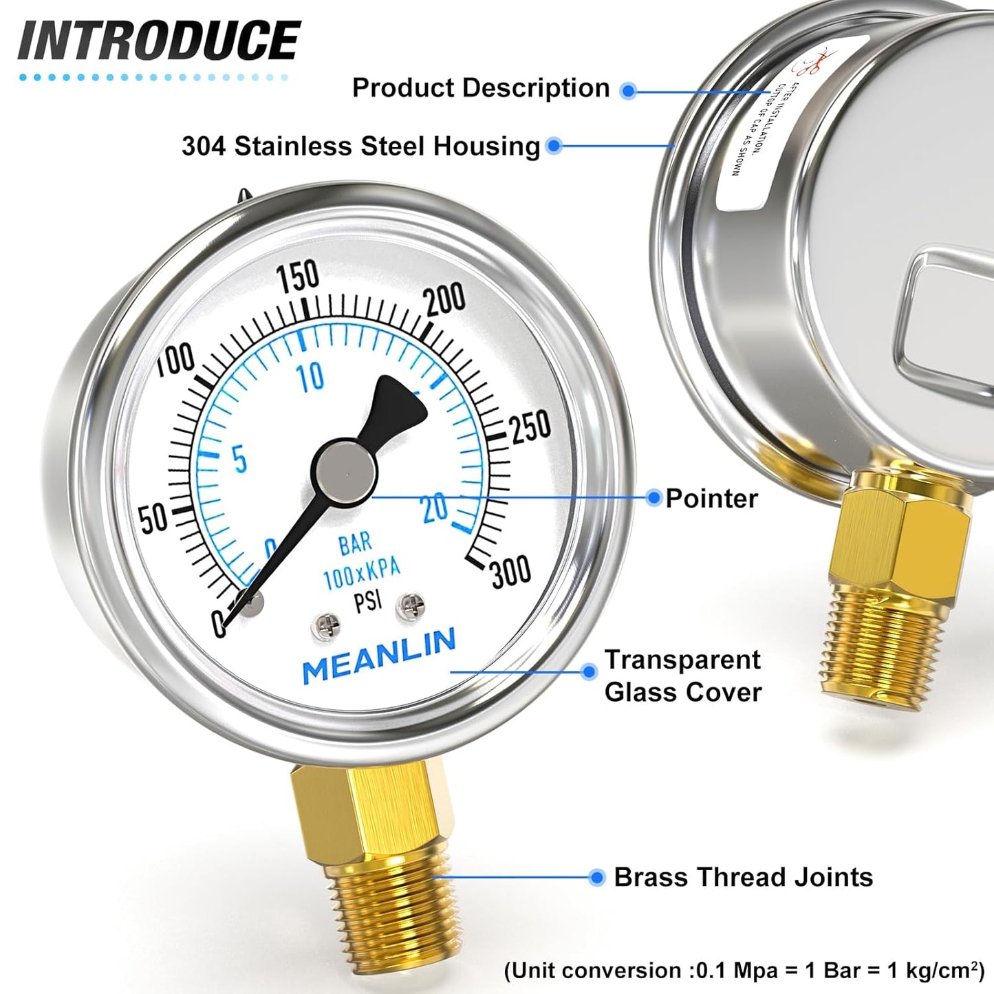 MEANLIN MEASURE 0~300Psi Dry Pressure Gauge Stainless Steel 1/4" NPT 2" FACE DIAL Waterproof for Air Compressor Air Regulator Water Filter Lower Mount, with 1/2" NPT and 3/8" NPT Hex Bushing
