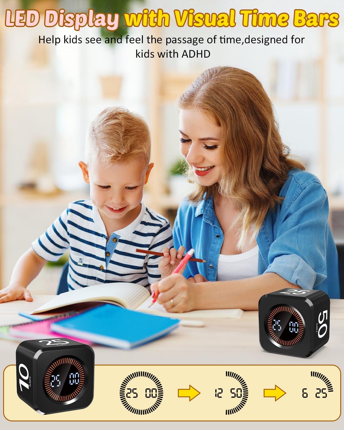 Pomodoro Timer Cube Visual Productivity Flip Timer for Kids Classroom Desk, 5/10/25/50min& Custom Countdown, Silent&Sound Mode Digital Cube for ADHD Study Work School Game Kitchen (Black)