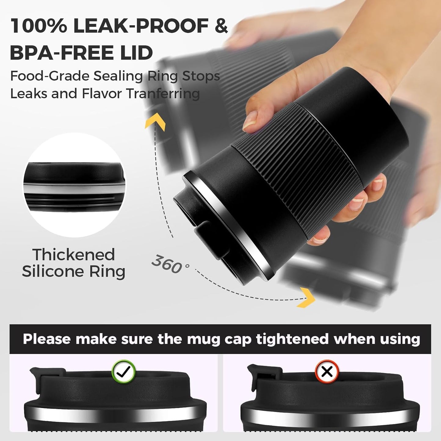 Volhoply 13 oz Stainless Steel Insulated Travel Coffee Mug with Fip Lid,Reusable Double Wall Vacuum Metal Coffee Cup,Portable to Go Leak Proof Cafe Thermal Tumbler for Hot & Cold Drinks(Black,1)