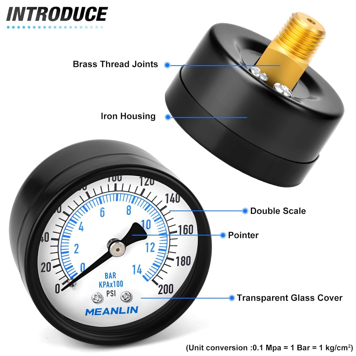 MEANLIN MEASURE 0-200Psi 2" DIAL FACE 1/4" NPT Well Pump Pressure Gauge, with 1/2" NPT and 3/8" NPT Hex Bushing, 3-2-3% Accuracy, Center Back Mount