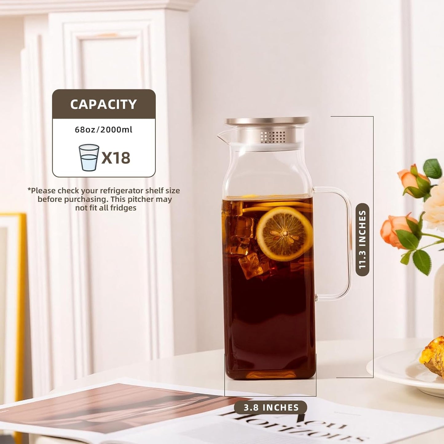 2 Pack Square Glass Water Pitcher with Lid and Spout, 2L/68oz Heat Resistant Borosilicate Glass Carafe, Temperature Safe