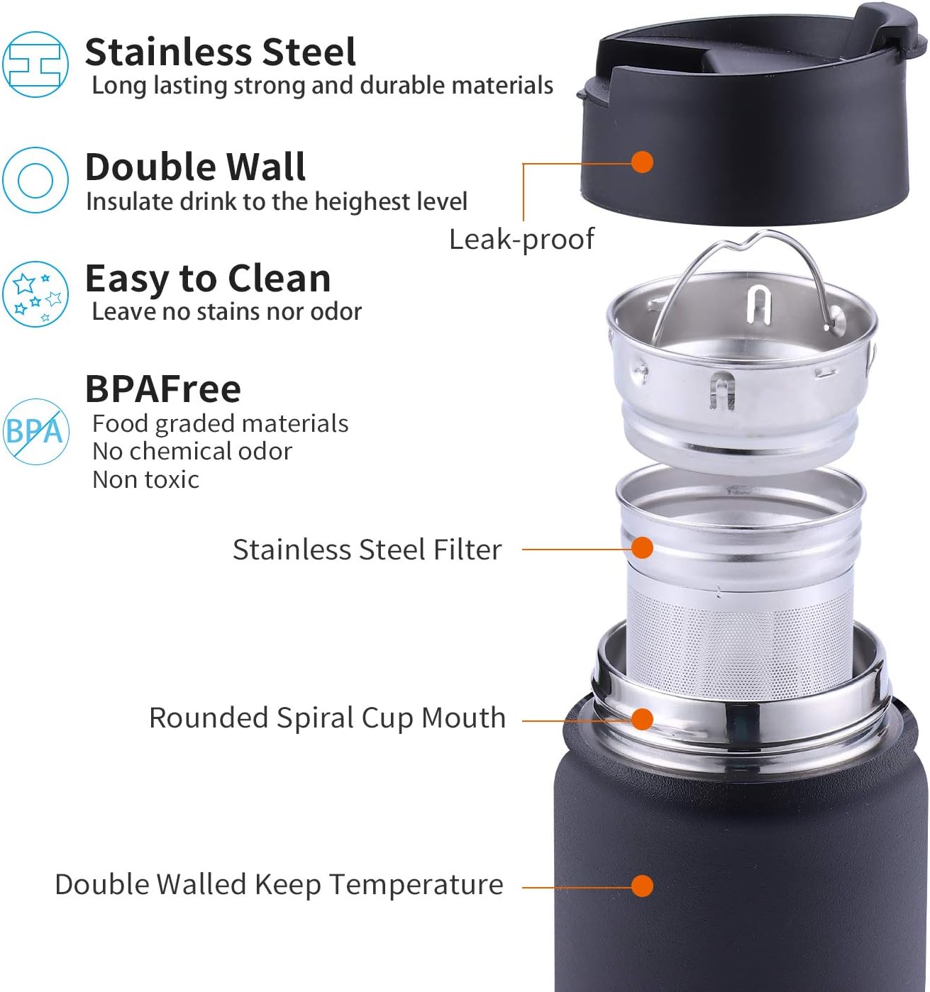 Tea Infuser Bottle With Removable Loose Leaf Tea Strainer Cup 18/8 Stainless Steel Insulated Travel Tea Tumbler Black