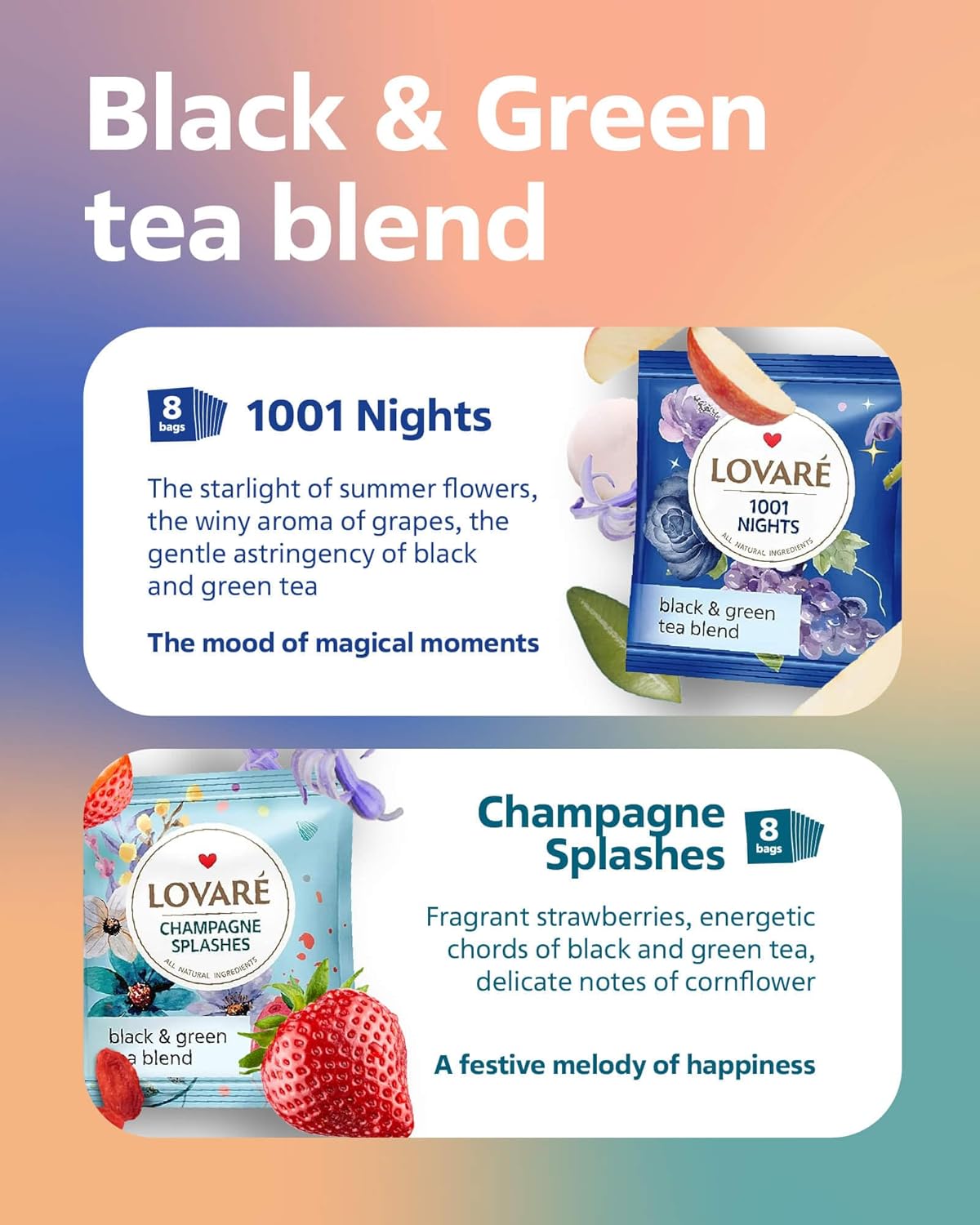 LOVARE Tea Bags, 32 Count - Assorted Black Tea Variety Pack - 1001 Night, Passion Fruit, Champagne Splashes, Wild Berry - Made in Ukraine - Gluten Free