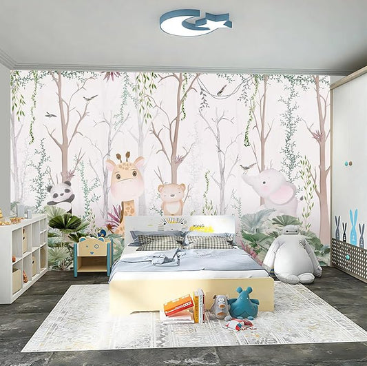 WFBHUA-Kids Tree Wallpaper Cute Animals Plants Bird Wall Decor Mural for Nursery Boys Girls Bedroom Room (Not Peel and Stick)