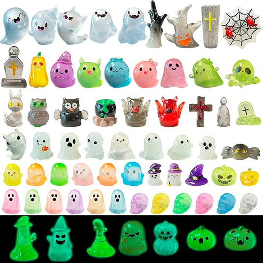 72 Pcs Halloween Mini Resin Animals Figures Kit - Luminous Tiny Resin Figurines Accessories, Glow in The Dark Miniature Ghost Figurines for Halloween Party, Micro Landscape, Tabletop Decor