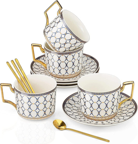 CwlwGO-European Style Ceramic Coffe Cup and Saucer Sets, 7 Oz Bone China Beautifully Glazed Blue Gold Tea Cup Set, Golden Spoon,Cappuccino, Latte, Suitable For Women's Gifts (4 pack)