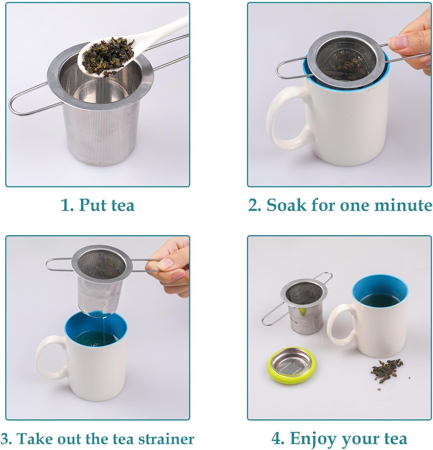 Fenshine Tea Infuser Stainless Steel Tea Strainer Folding Handle Tea Filter Extra Fine Mesh Strainer Brewing Basket with Lid for Loose Leaf Tea (Green)