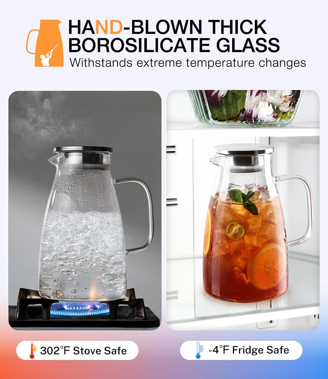 Glass Pitcher with Lid, 2 Liter 68oz Water Pitcher with Handle and Spout for Fridge, Borosilicate Glass for Iced Tea, Juice, Sangria, Cold/Hot Beverage, Large Jug with 2 Silicone Rings