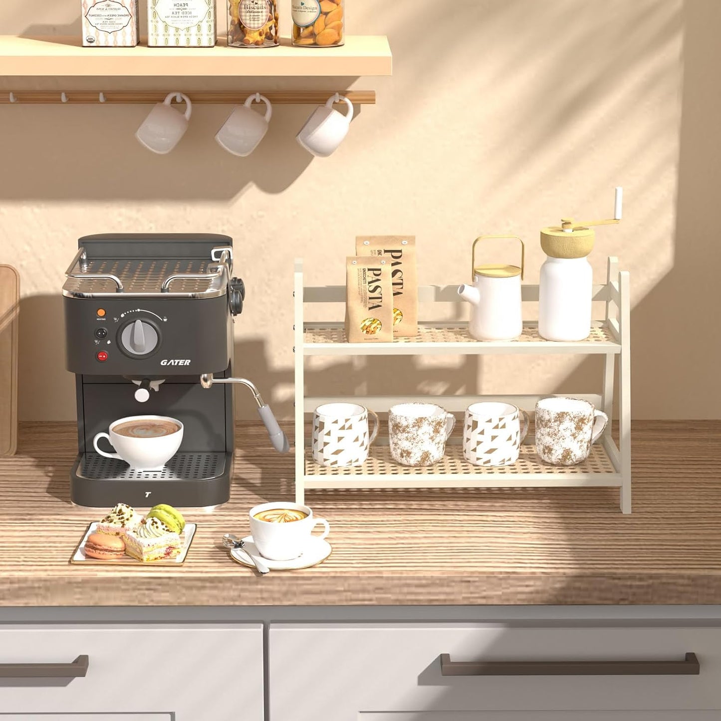 Wicker-Look Coffee Station Organizer, Bamboo Mug Holder Countertop, Kitchen Counter Shelf for Tea Coffee Bar Accessories, Matcha Stand, Cup Display, Condiment Storage Rack, 2 Tier, White