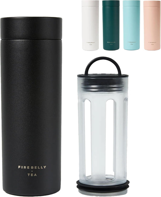 Firebelly Tea, Travel Tea Infuser Mug with Strainer, Insulated Tumbler for Loose Leaf Tea or Coffee, Leakproof Bottle for Hot or Iced Drinks, Stainless Steel Thermos with Lid, Noir