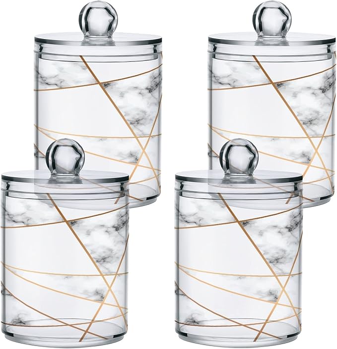 2 Pack Qtip Holder Dispenser White Marble Gold Line Bathroom Storage Canister Lid Acrylic Plastic Apothecary Jar Set Vanity Makeup Organizer for Cotton Swabs/Pads/Floss