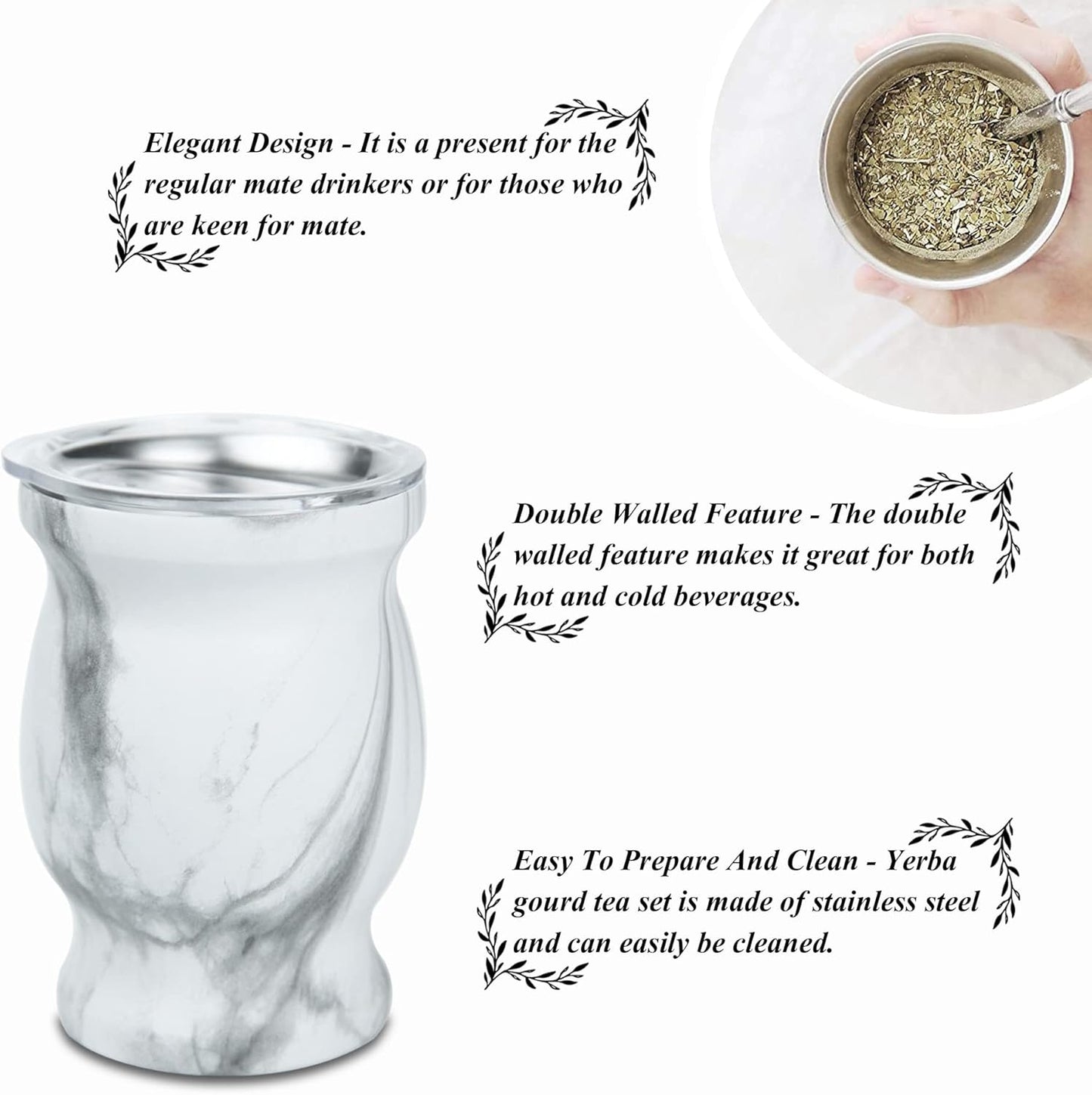 LA FEE Yerba Mate Natural Gourd/Tea Cup Set Brown (Original Traditional Mate Cup - 8 Ounces)，Includes Yerba Mate Straw & Cleaning Brush，Stainless Steel | Double-Walled | Easy to Clean (White)