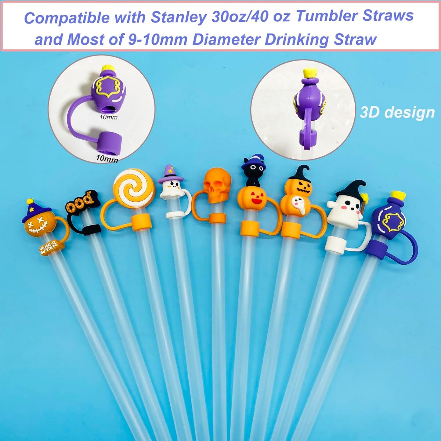 9PCS 3D Halloween Straw Toppers for Stanley Cup, Cute Silicone Skull Ghost Straw Covers Cap Compatible with 30&40oz Tumbler with Handle,10mm 0.4in Dust-Proof Reusable Tips Lids for Halloween Gifts