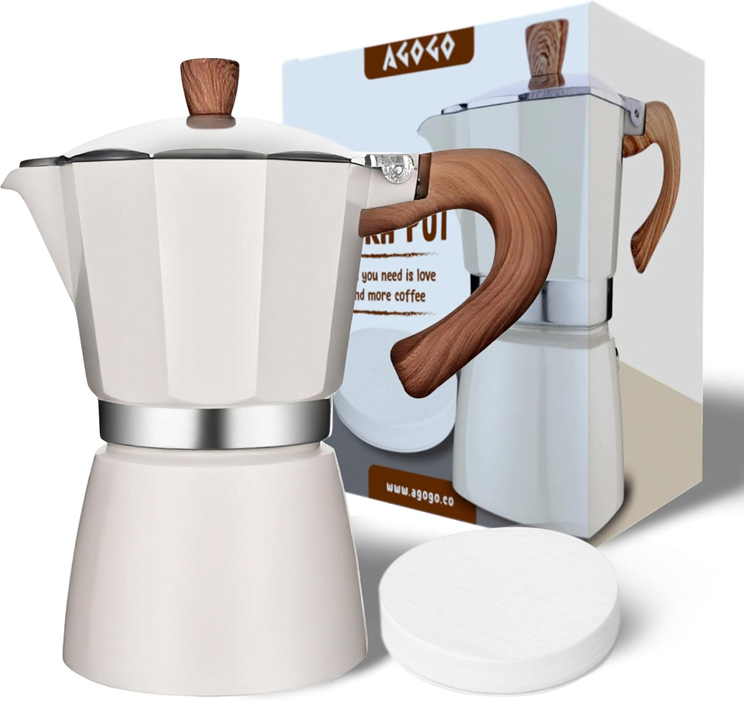 AGOGO Milano Moka pot, Stovetop Espresso maker, Greca Coffee Maker, Stovetop coffee maker and espresso maker percolator With Paper Filter 6 Cup Cream
