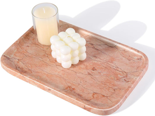 Marble Vanity Tray, Bathroom Tray for Countertop, Decoration Dresser Organizer, Perfume, Jewelry Holder, Red Stone Serving for Kitchen Sink Storage(Spring Rose)