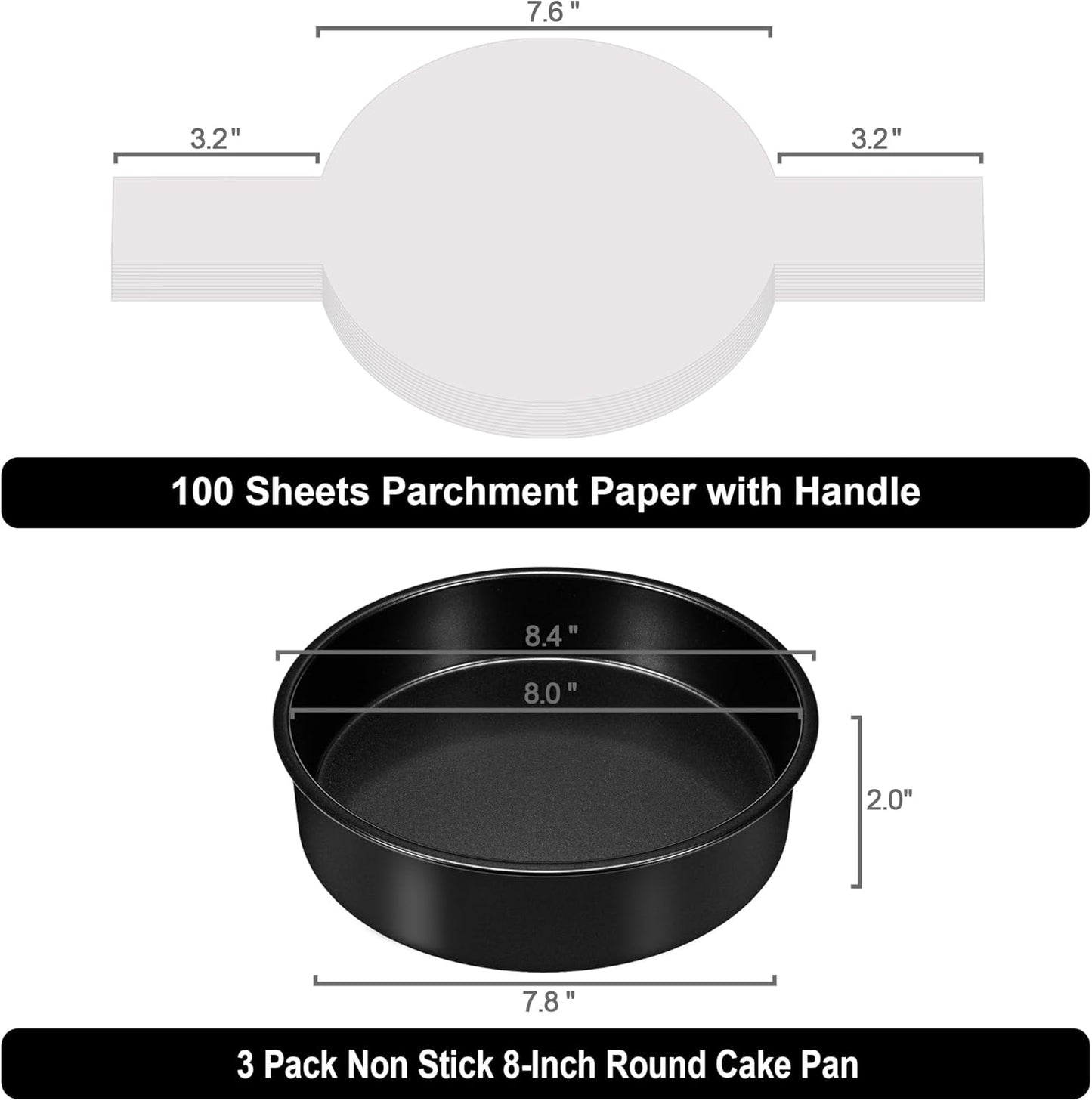 8 Inch Cake Pan Set of 3, Nonstick Baking Pans Set with 100PCS Pre-cut Parchment Paper for Layer Cakes, Durable Round Cake Pans Sets for Baking for Birthday Christmas, Dishwasher Safe