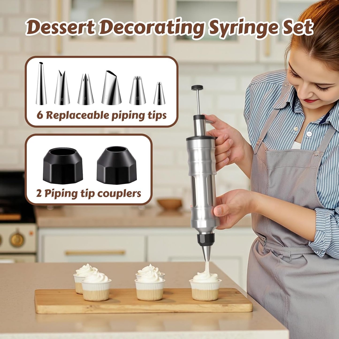 Dessert Decorating Syringe Set, Stainless Steel Frosting & Icing Piping Kit with 6 Tips and 9 Silicone Cupcakes,3 Cream Scraper for Cake Decorating Tools Cupcake Decorating Kit