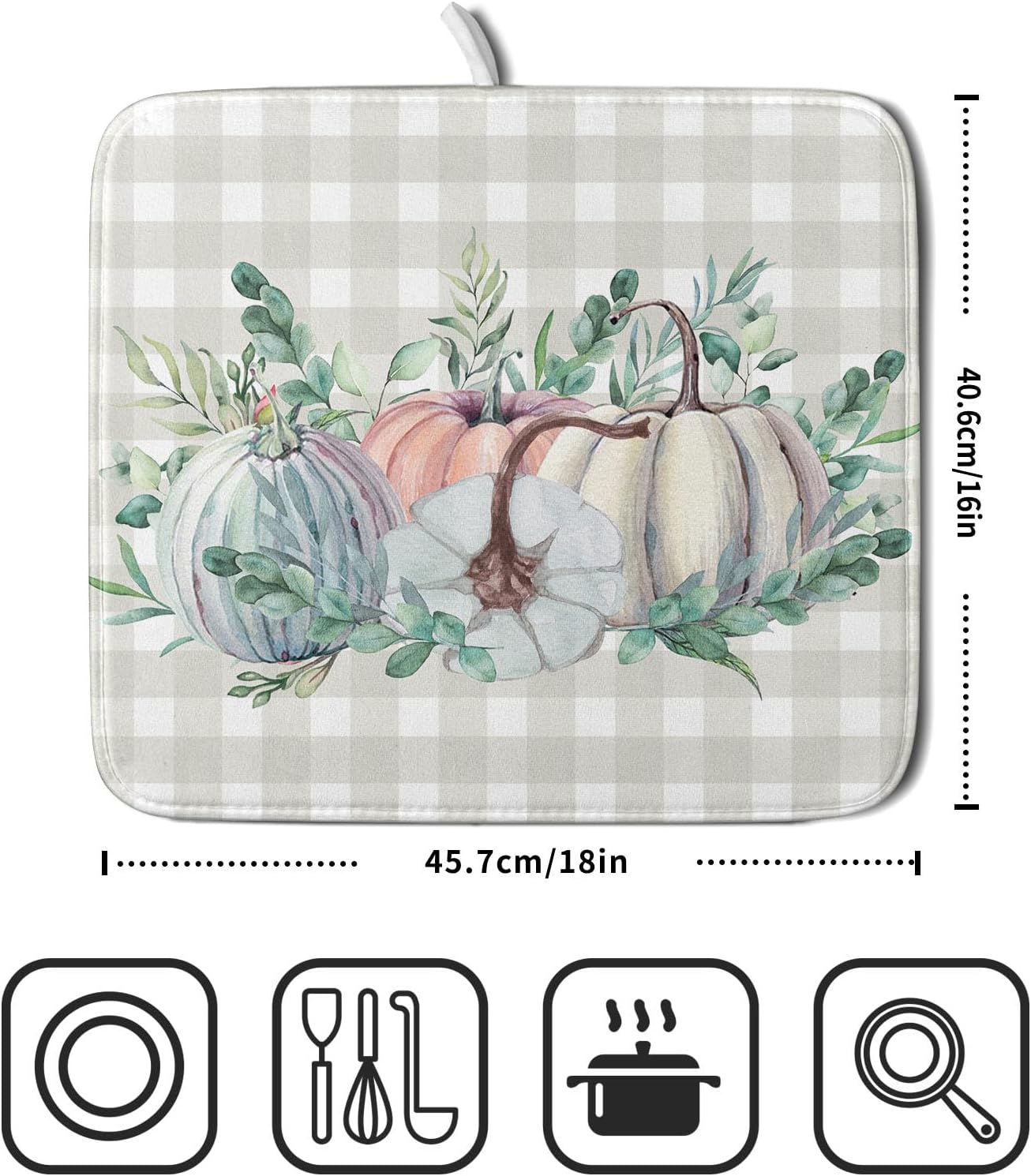 Fall Colorful Pumpkin Dish Drying Mat for Kitchen Counter,Green Leaves Drying Mat with Hanging Loop 16 x 18 Inch Microfiber Grey White Check Plaids Dish Drying Pad Dish Rack Drainer Mat for Coffee Bar