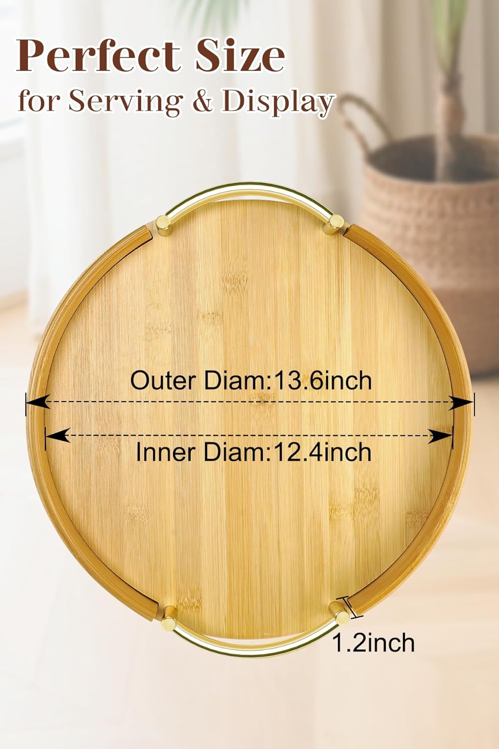 JUPELI 14″ Round Bamboo Serving Tray with Handles – Decorative Tray, Breakfast Tray, Coffee Table Tray, Ottoman Tray, Kitchen Platter for Drinks, Snacks, Vanity, Home Decor & Gifts