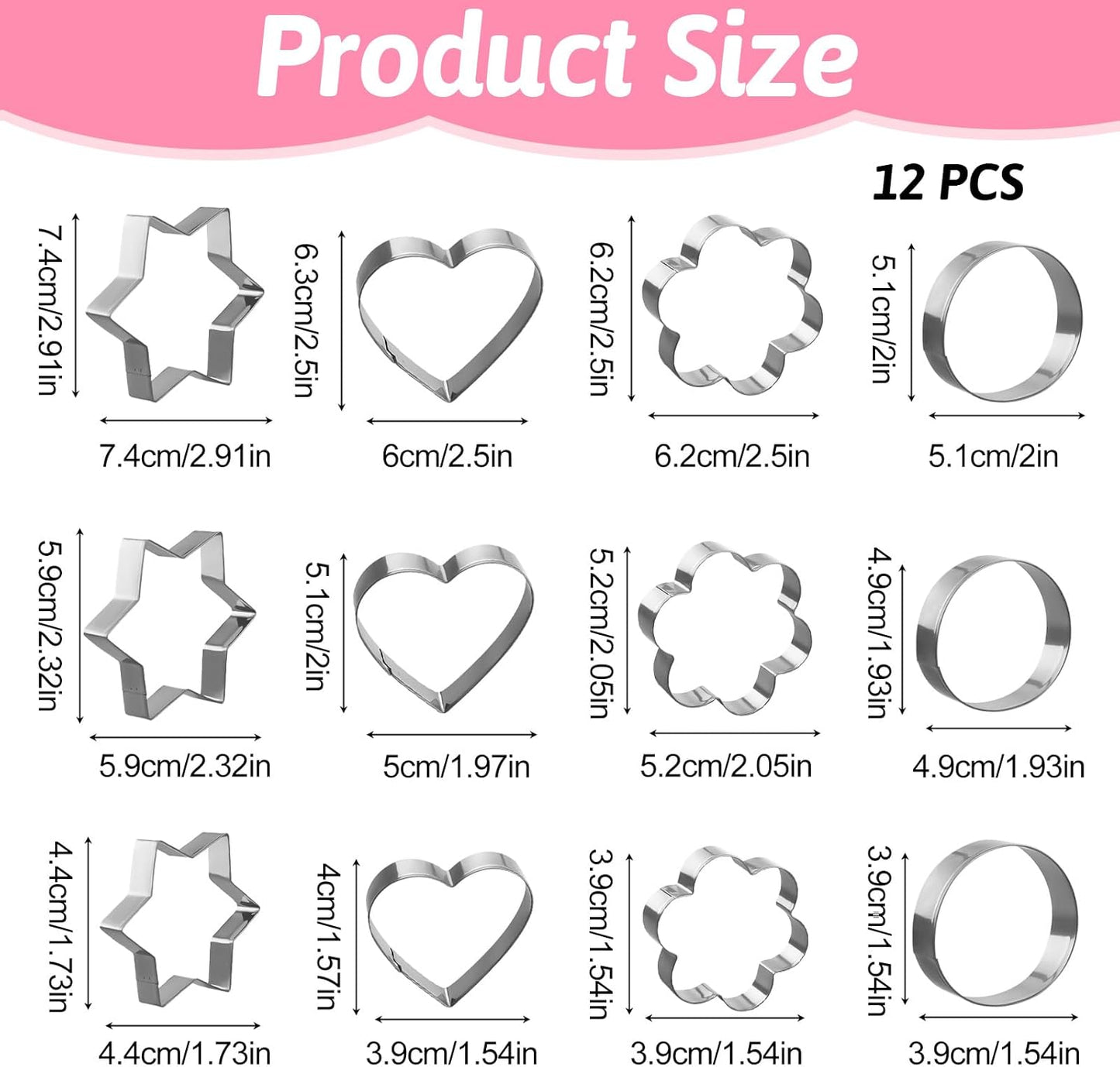 12 Pcs Cookie Cutters Biscuit Cutter Fruit Cutter Shapes Stainless Steel Fondant Cake Mold Heart Flower Star Round Shapes Metal Cutters for Baking