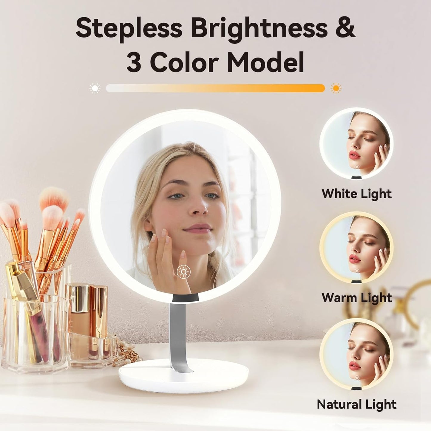 9.65-inch Lighting Makeup Mirror, 1x / 10x,Touch Control,3-Color Adjustable,Metal Stand,up and Down Adjustable Makeup Mirror, High Color Rendering, Eye-Protecting Light Source,Silver