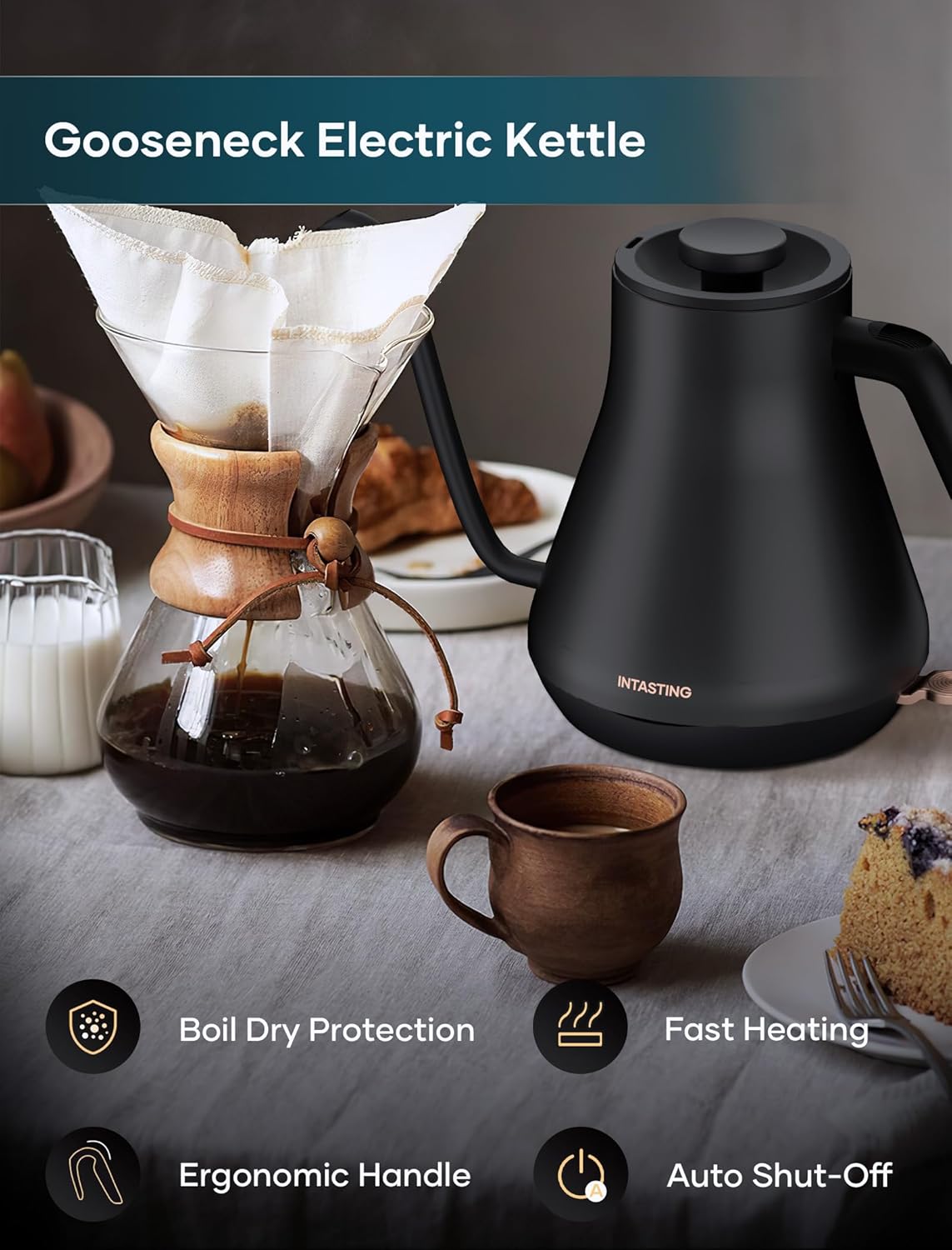 Electric Kettle, INTASTING Professional Gooseneck Kettles, 0.9L/30oz, 0.65mm Ultra-Fine Spout, Precise Water Flow Control, 304 Stainless Steel Inner, Auto Shut-Off, Boil Dry Protection, Matte Black