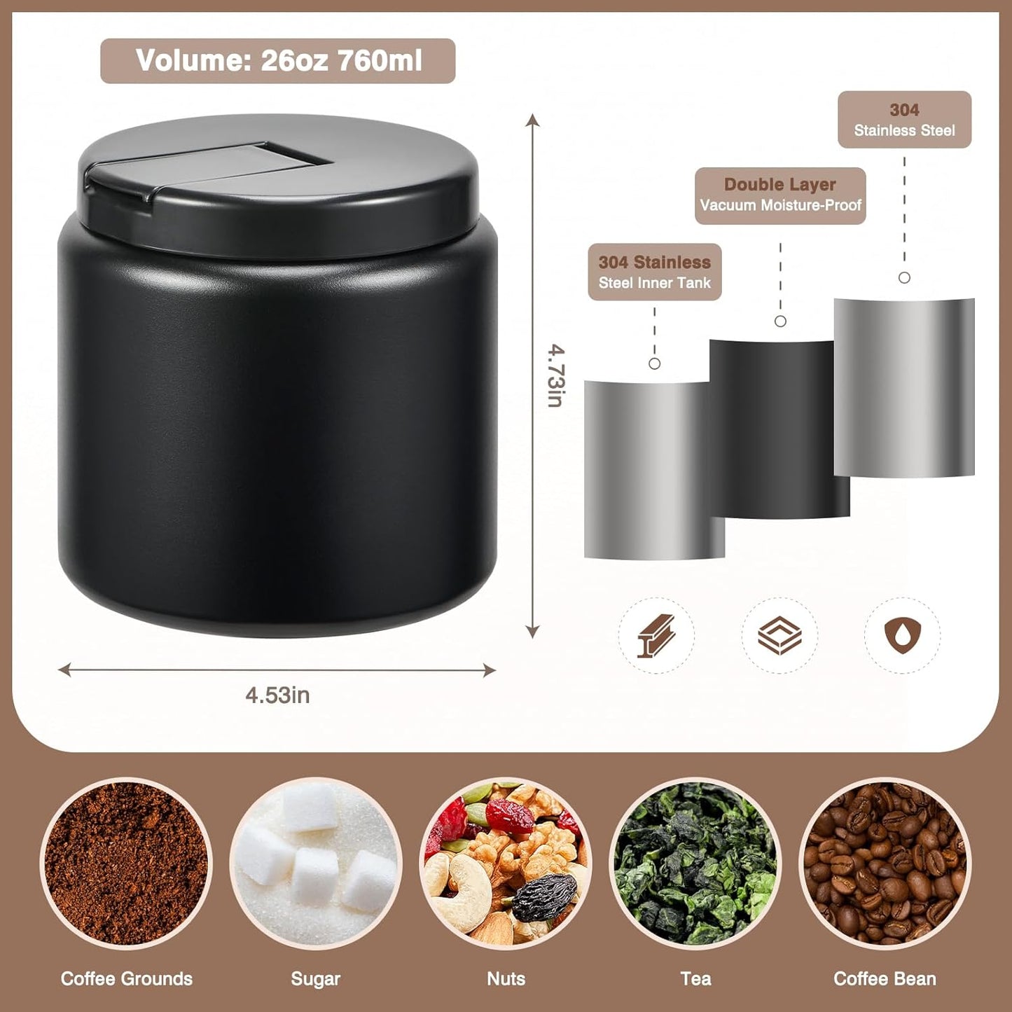Coffee Canister, Premium Large Stainless Steel Insulated Vacuum Coffee Bean Storage Container Travel Jar, Kitchen Food Airtight Coffee Grounds Container for Tea, Sugar, Flour (26oz-Black)