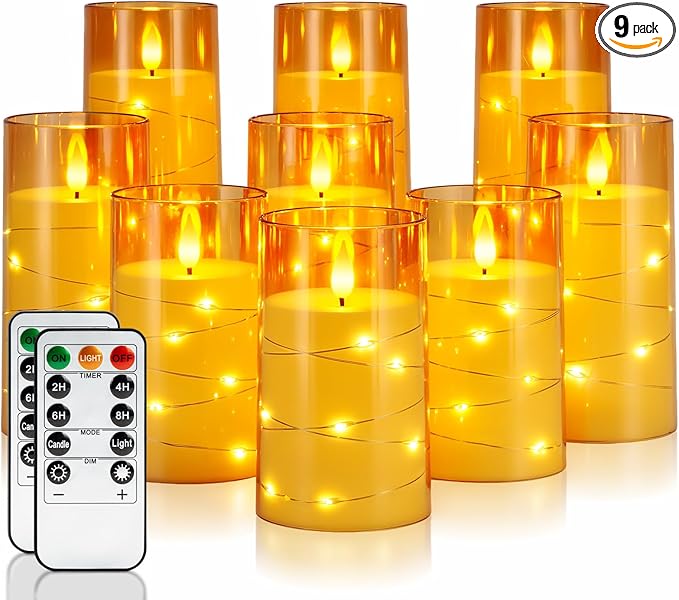 Homemory 9 Pcs Flameless Candles with Embedded Star String Fairy Lights, Battery Operated Candles, LED Candle, Fake Candles with Remote Control and Timer (Gold)
