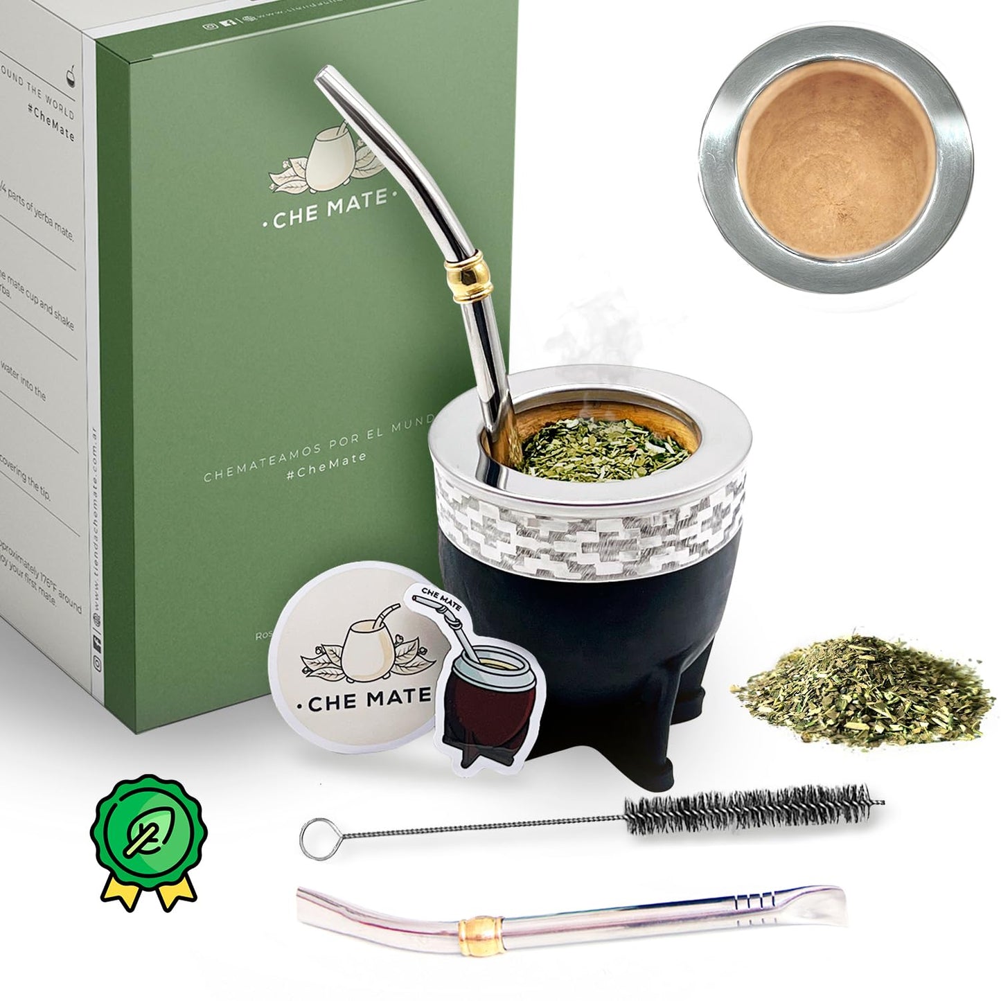 Premium Argentina-Uruguay Yerba Mate Cup and Bombilla Set, Organic Gourd Tea Mug with Steel Straw (Bombilla) and Cleaning Brush, Handcrafted for Loose Leaf Yerba Mate Tea - Imperial Version