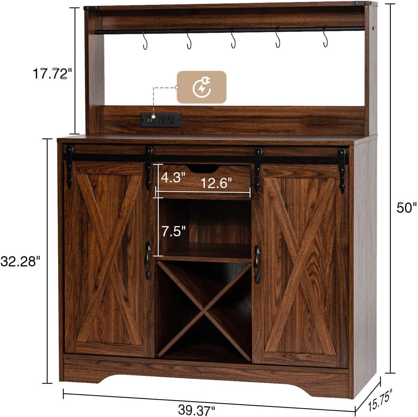 Wnutrees Farmhouse Coffee Bar Cabinet with Charging Station and USB Ports, Sliding Barn Door, 39" Kitchen Hutch Sideboard Buffet Storage Cabinet, Fits Kitchen Dining Living Room, Brown