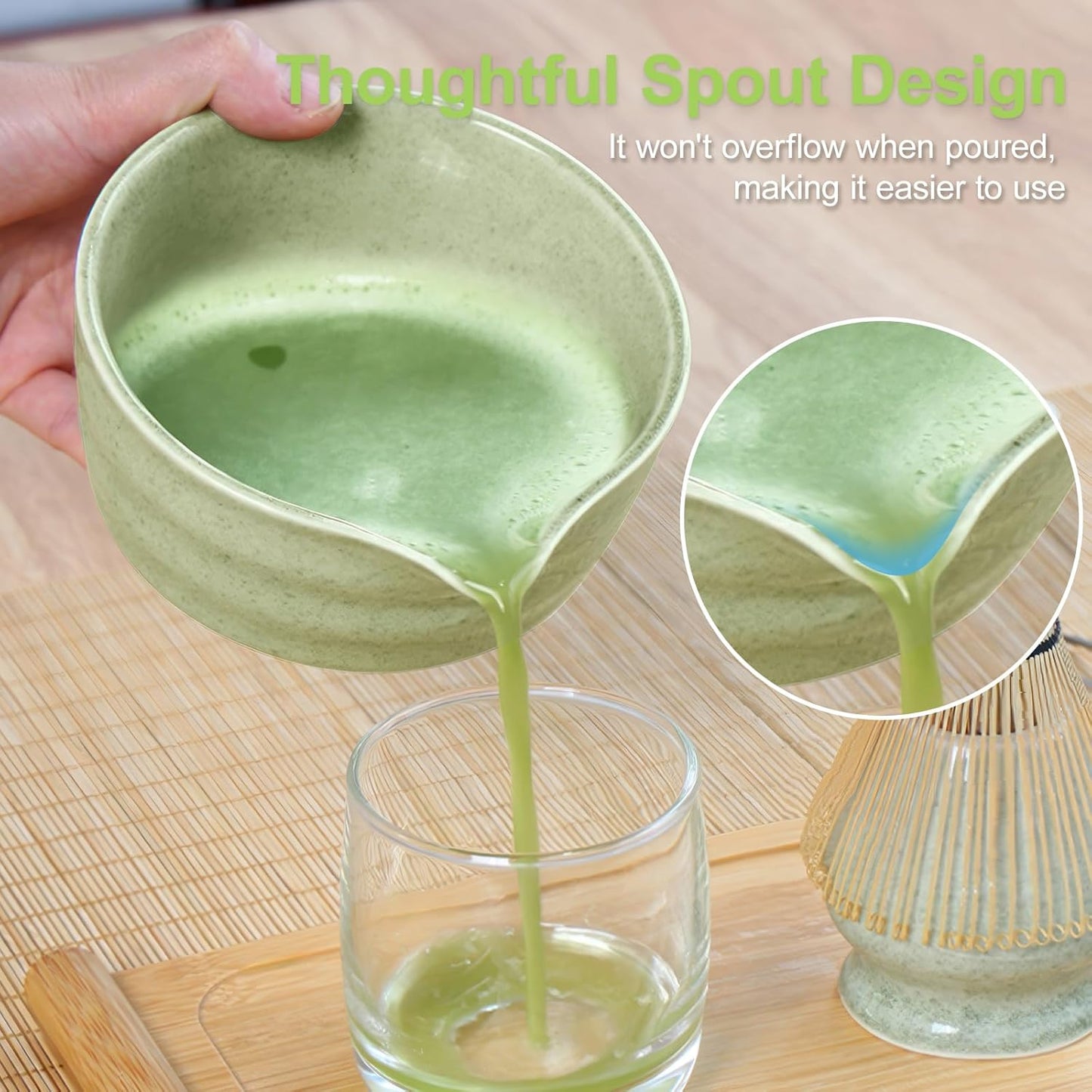 Green Matcha Whisk Making Set - Japanese Tea Kit with Whisk Bowl and Bamboo Scoop Ceramic Chawan with Spout for Traditional Tea Ceremony Complete Matcha Making Tools Gift for Tea Lovers (Green, 7 PCS)