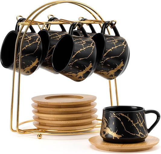 LUKA Ceramic Espresso Cups with Saucers and Metal Stand, Small 4 oz Porcelain Demitasse Cups Set of 6, Cute Cappuccino Coffee Cups for Double Espresso, Tea, Marbling Black