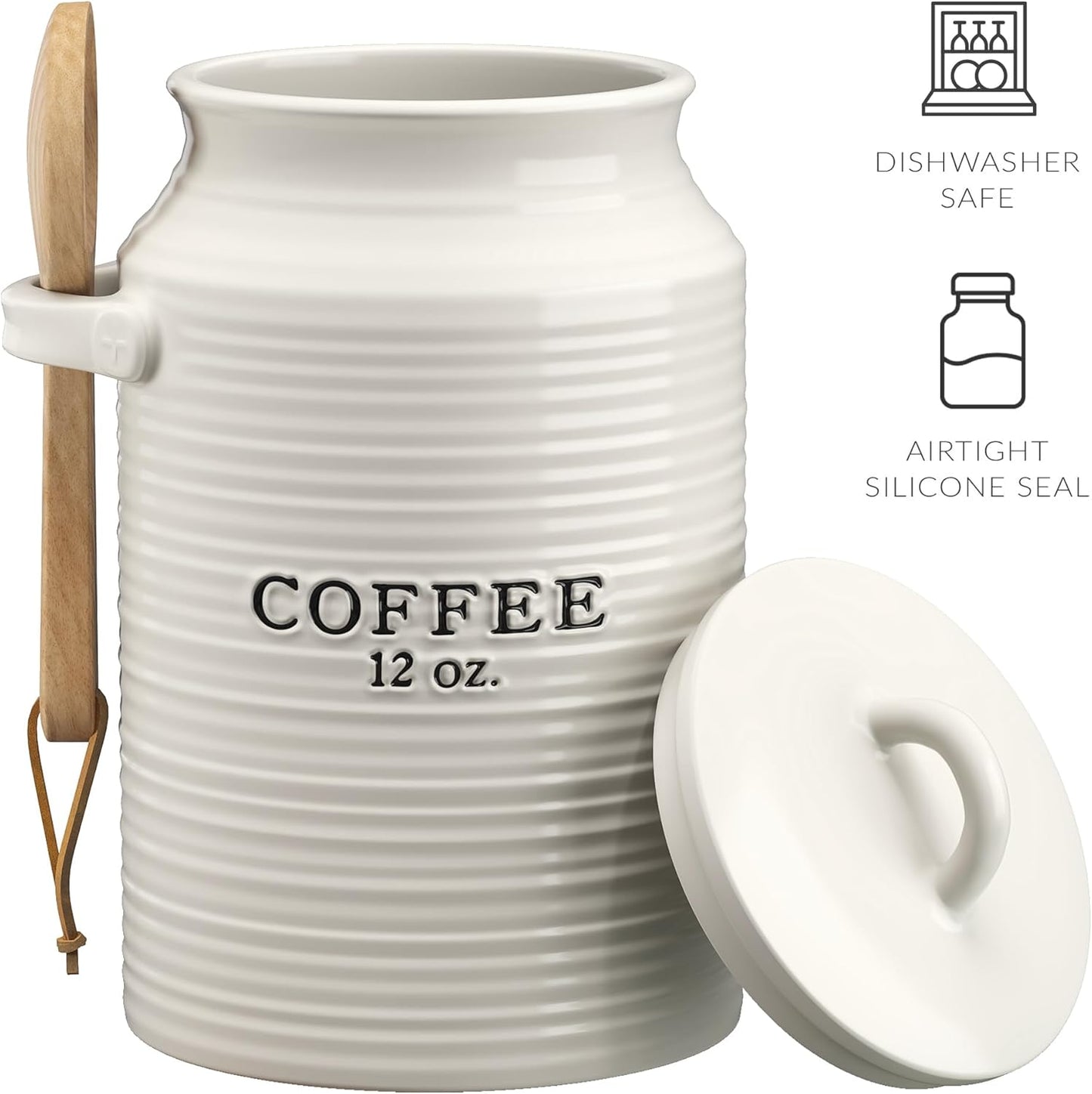 Barnyard Designs Coffee Canister for Kitchen Counter, Decorative Ceramic Coffee Container, Rustic Farmhouse Canister Jar, White (Coffee)
