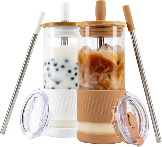 Pandaloo® Glass Cups With Lids and Straws -20 Fl Oz- Perfect Size Iced Coffee Cup - Smoothie Cup With Bamboo Lid and On the go Lid - Glass Tumbler (2 Count (Pack of 1), Amber Sand-Coton White)