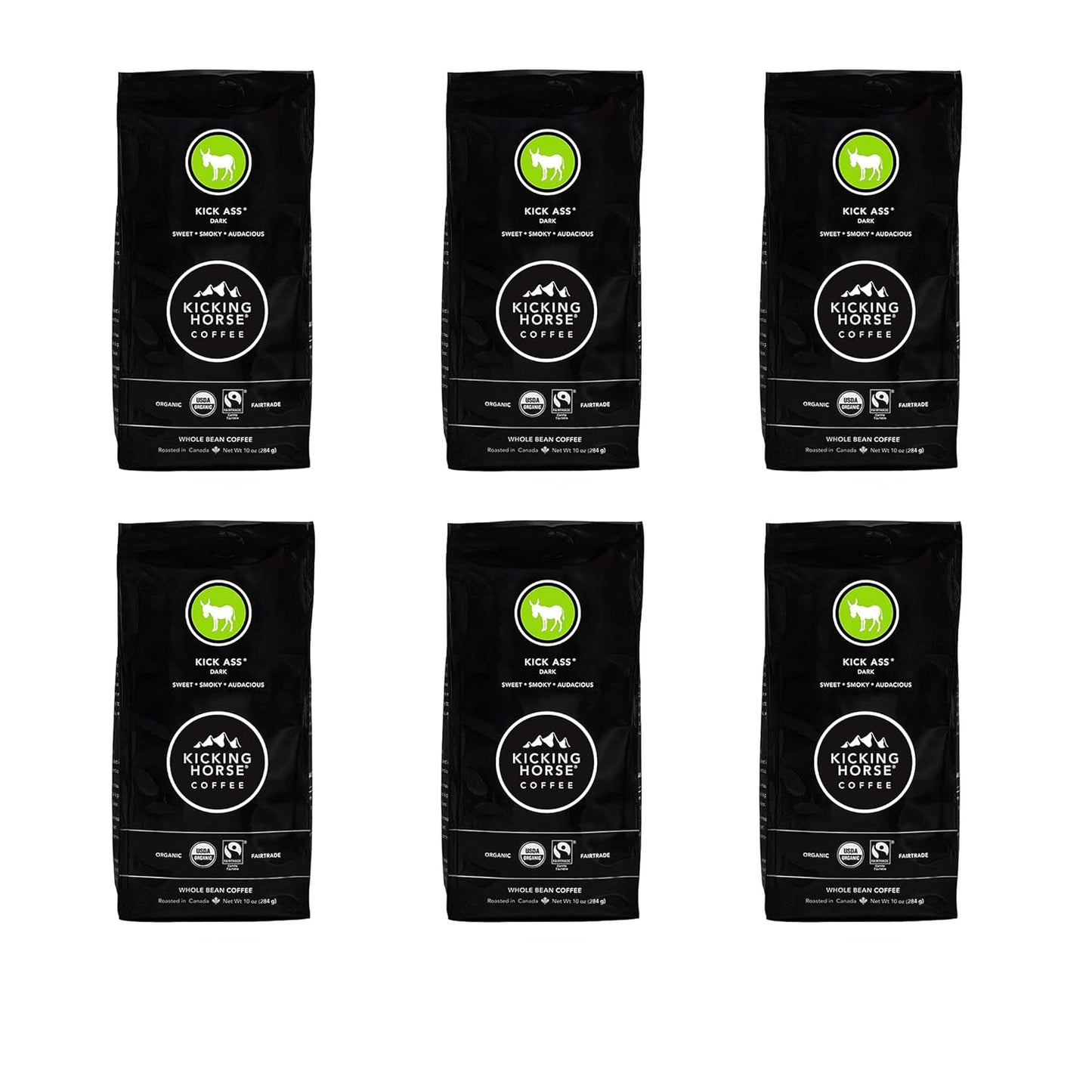 Kicking Horse Coffee, Kick Ass, Dark Roast, Whole Bean, 10 oz - Certified Organic, Fairtrade, Kosher Coffee (Pack of 6),10 Ounce (Pack of 6)