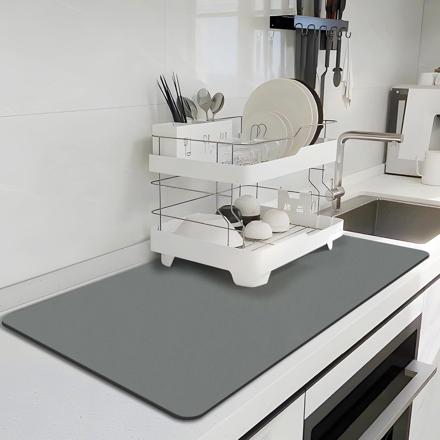 BLESWIN Dish Drying Mat for Kitchen, 15.7'' x 23.6'' Coffee Bar Mat for Countertops, Coffee Station Matt with Non-slip Rubber Backed, Absorbent Dish Dying Mat for Kitchen Counter, Gray